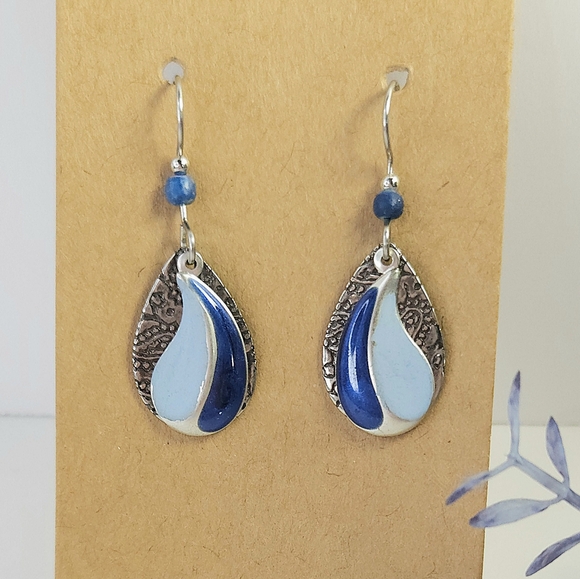 Silver Etched Floral & Metallic Blue Swirl Layered Dangle Earrings - Picture 3 of 10